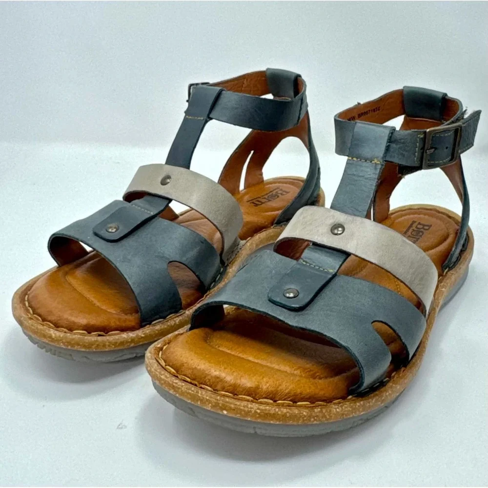 Born Tropi Sandals Womens Size 8 38-39 Leather Gladiator Blue Taupe Ankle Strap